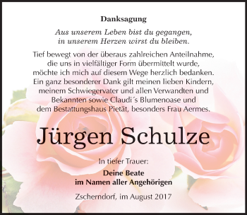 Traueranzeige von Jürgen Schulze von Mitteldeutsche Zeitung Bitterfeld