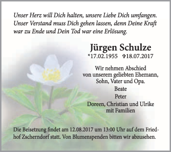 Traueranzeige von Jürgen Schulze von WVG - Wochenspiegel Bitterfeld