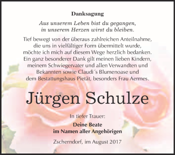 Traueranzeige von Jürgen Schulze von WVG - Wochenspiegel Bitterfeld