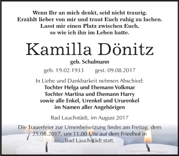 Traueranzeige von Kamilla Dönitz von Mitteldeutsche Zeitung Merseburg/Querfurt