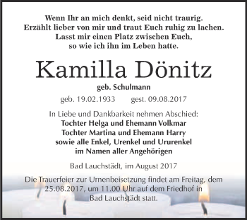 Traueranzeige von Kamilla Dönitz von WVG - Wochenspiegel Merseburg
