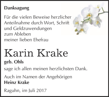 Traueranzeige von Karin Krake von WVG - Wochenspiegel Bitterfeld