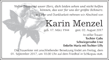 Traueranzeige von Karin Menzel von Super Sonntag Halle