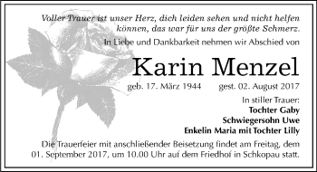 Traueranzeige von Karin Menzel von Mitteldeutsche Zeitung Merseburg/Querfurt
