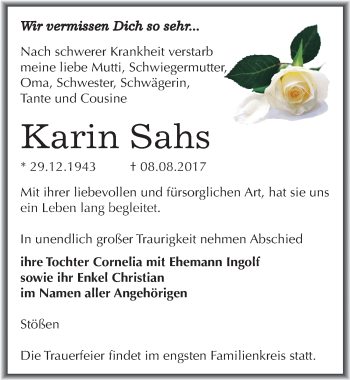 Traueranzeige von Karin Sahs von Mitteldeutsche Zeitung Weißenfels