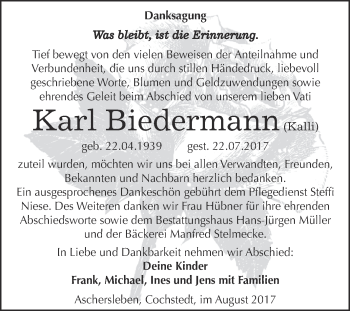 Traueranzeige von Karl Biedermann von Super Sonntag Aschersleben