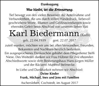 Traueranzeige von Karl Biedermann von Mitteldeutsche Zeitung Aschersleben