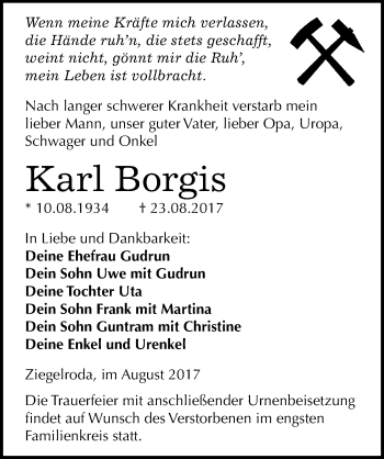 Traueranzeige von Karl Borgis von Mitteldeutsche Zeitung Merseburg/Querfurt