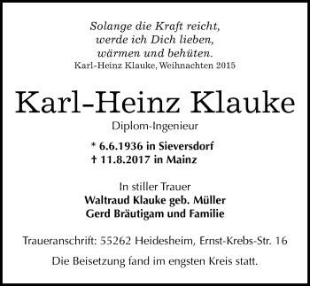Traueranzeige von Karl-Heinz Klauke von Mitteldeutsche Zeitung Dessau-Roßlau