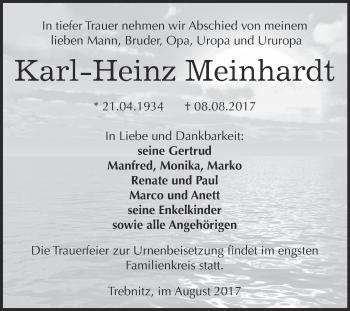 Traueranzeige von Karl-Heinz Meinhardt von WVG - Wochenspiegel NMB / WSF / ZTZ