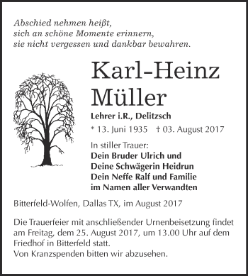 Traueranzeige von Karl-Heinz Müller von WVG - Wochenspiegel Bitterfeld
