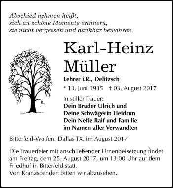 Traueranzeige von Karl-Heinz Müller von Mitteldeutsche Zeitung Bitterfeld