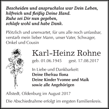 Traueranzeige von Karl-Heinz Rohne von Super Sonntag SGH Mansf. Land