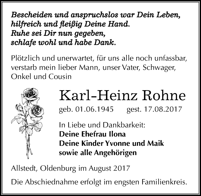  Traueranzeige für Karl-Heinz Rohne vom 23.08.2017 aus Mitteldeutsche Zeitung Sangerhausen
