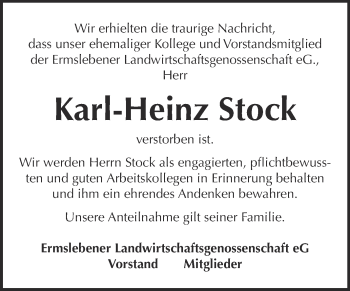 Traueranzeige von Karl-Heinz Stock von Super Sonntag Quedlinburg