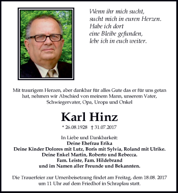 Traueranzeige von Karl Hinz von Mitteldeutsche Zeitung Merseburg/Querfurt