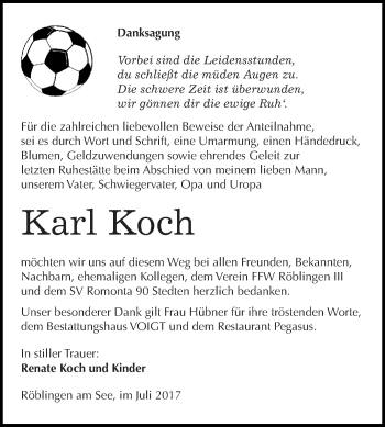 Traueranzeige von Karl Koch von Super Sonntag SGH Mansf. Land