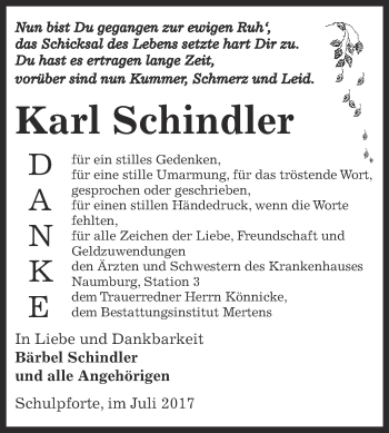 Traueranzeige von Karl Schindler von WVG - Wochenspiegel NMB / WSF / ZTZ