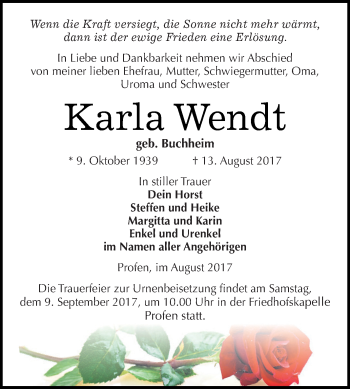 Traueranzeige von Karla Wendt von Super Sonntag Zeitz
