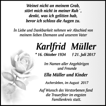 Traueranzeige von Karlfrid Müller von WVG - Wochenspiegel Quedlinburg