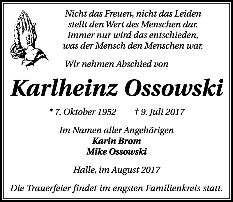  Traueranzeige für Karlheinz Ossowski vom 05.08.2017 aus Mitteldeutsche Zeitung Halle/Saalkreis