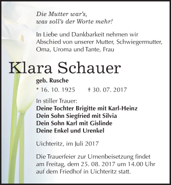 Traueranzeige von Klara Schauer von Mitteldeutsche Zeitung Weißenfels
