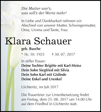 Traueranzeige von Klara Schauer von WVG - Wochenspiegel NMB / WSF / ZTZ