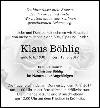 Traueranzeige von Klaus Böhlig von Mitteldeutsche Zeitung Halle/Saalkreis