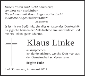 Traueranzeige von Klaus Linke von Super Sonntag Merseburg