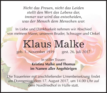 Traueranzeige von Klaus Malke von Mitteldeutsche Zeitung Halle/Saalkreis