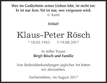 Traueranzeige von Klaus-Peter Rösch von Super Sonntag Aschersleben