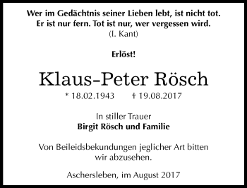 Traueranzeige von Klaus-Peter Rösch von Mitteldeutsche Zeitung Aschersleben
