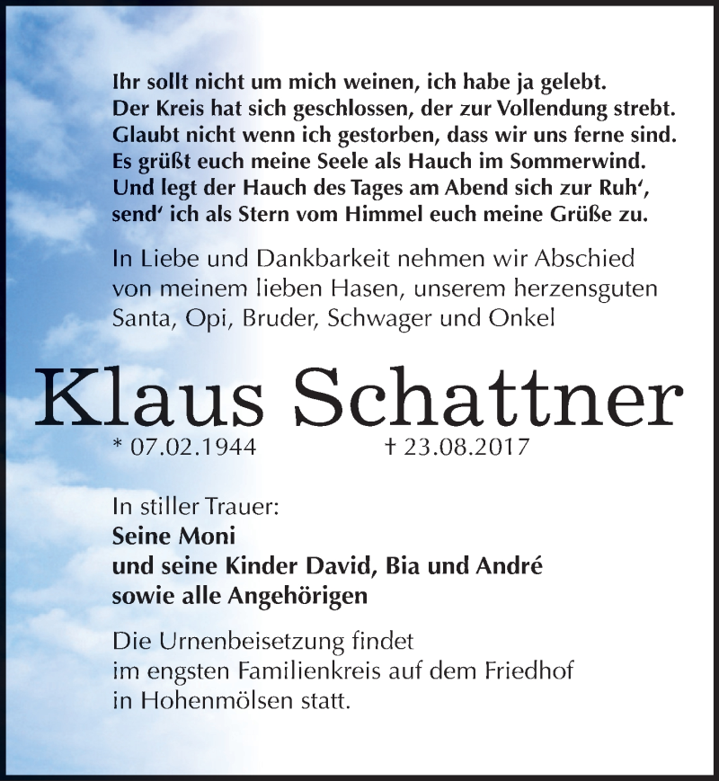  Traueranzeige für Klaus Schattner vom 30.08.2017 aus Mitteldeutsche Zeitung Weißenfels