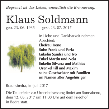Traueranzeige von Klaus Soldmann von WVG - Wochenspiegel Merseburg