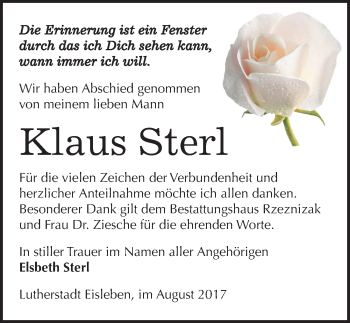 Traueranzeige von Klaus Sterl von Mitteldeutsche Zeitung Mansfelder Land