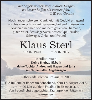 Traueranzeige von Klaus Sterl von Mitteldeutsche Zeitung Mansfelder Land