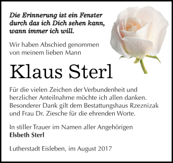 Traueranzeige von Klaus Sterl von Super Sonntag SGH Mansf. Land