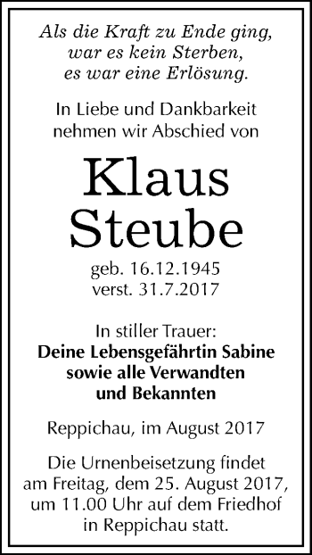 Traueranzeige von Klaus Steube von Mitteldeutsche Zeitung Köthen