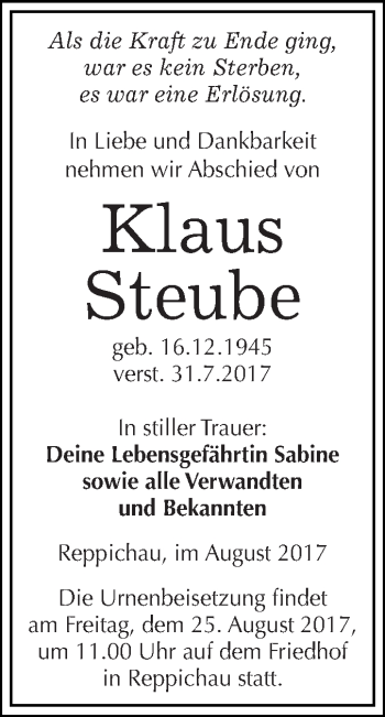 Traueranzeige von Klaus Steube von WVG - Wochenspiegel Dessau / Köthen
