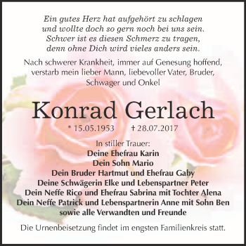 Traueranzeige von Konrad Gerlach von WVG - Wochenspiegel Bitterfeld