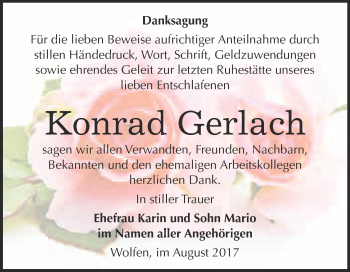 Traueranzeige von Konrad Gerlach von WVG - Wochenspiegel Bitterfeld