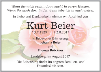 Traueranzeige von Kurt Beier von Mitteldeutsche Zeitung Halle/Saalkreis