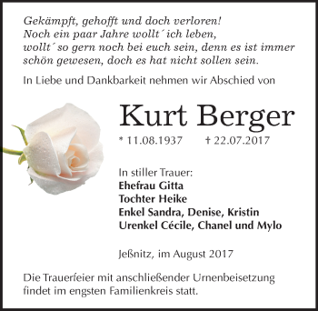 Traueranzeige von Kurt Berger von Mitteldeutsche Zeitung Bitterfeld