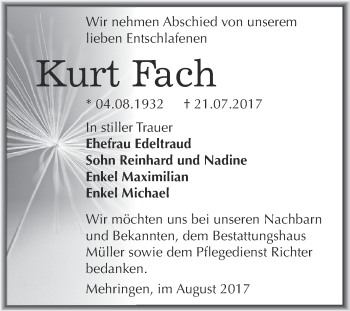 Traueranzeige von Kurt Fach von Super Sonntag Aschersleben