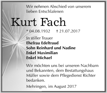Traueranzeige von Kurt Fach von Mitteldeutsche Zeitung Aschersleben
