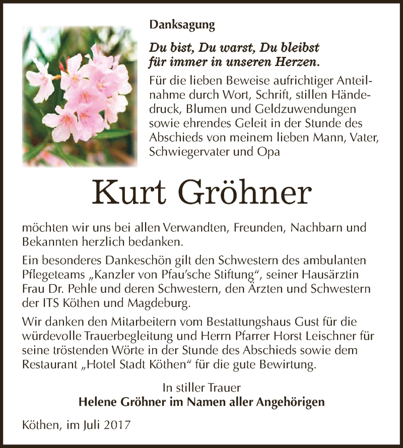  Traueranzeige für Kurt Gröhner vom 05.08.2017 aus WVG - Wochenspiegel Dessau / Köthen