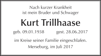 Traueranzeige von Kurt Trillhaase von Super Sonntag Merseburg