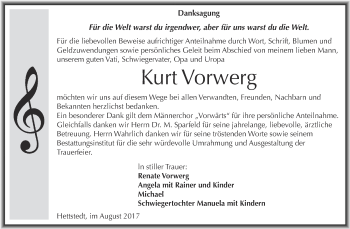 Traueranzeige von Kurt Vorwerg von Wochenspiegel Mansfelder Land