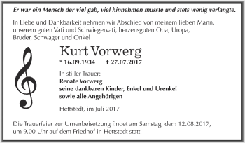 Traueranzeige von Kurt Vorwerg von Wochenspiegel Mansfelder Land