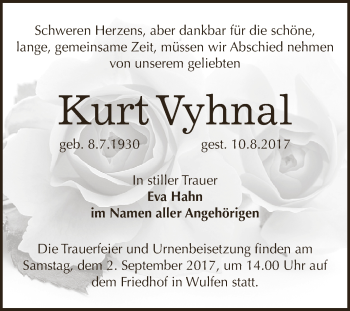 Traueranzeige von Kurt Vyhnal von WVG - Wochenspiegel Dessau / Köthen